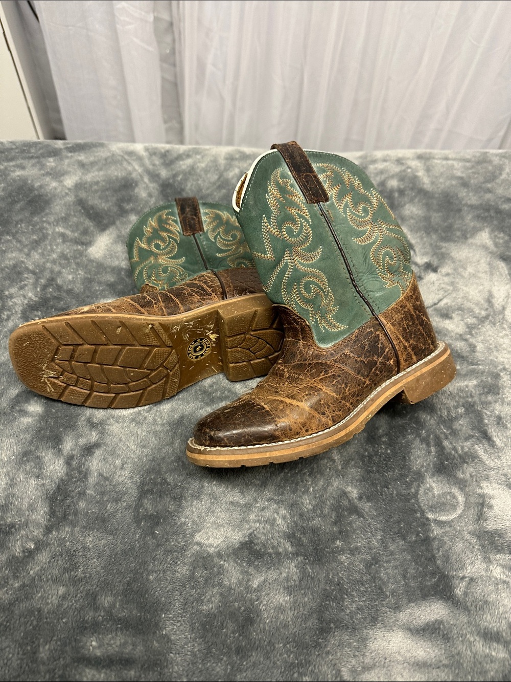 Dan Post Brown Leather Boots with Green Embroidered Shaft - Kids